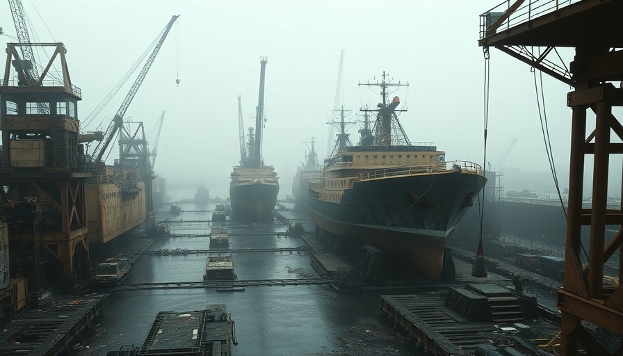 U.S. Shipbuilding Crisis depicted in an abandoned shipyard scene.