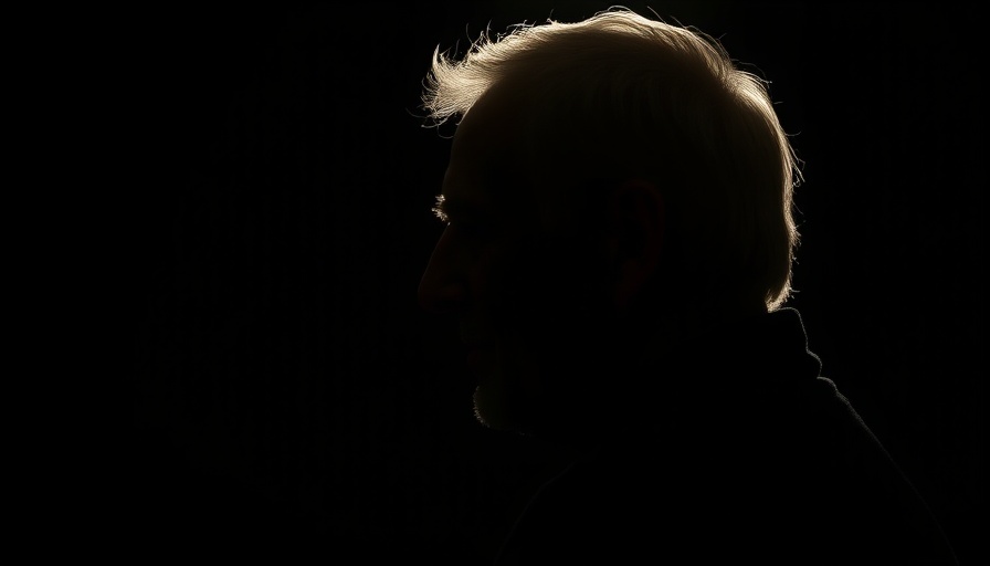 Silhouette of older male contemplating in dark setting.