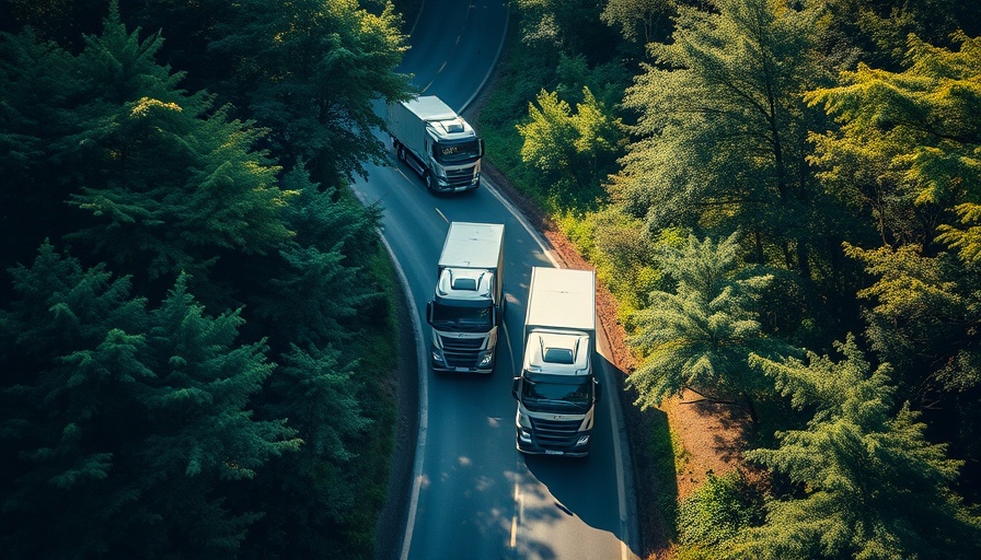 Aerial view of trucks on a winding road, highlighting zero-emission transport.