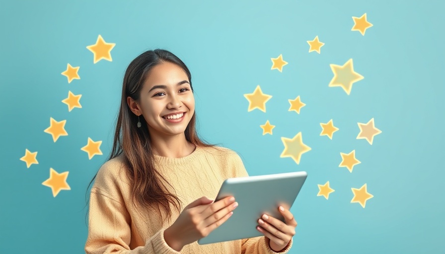 Young woman with tablet amid star ratings reflecting changing consumer behavior in reviews.