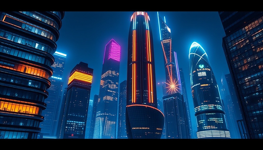 Futuristic cityscape with neon lights and skyscrapers.