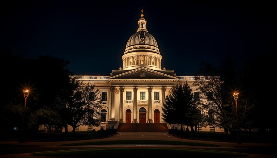 Illuminated government building at night, symbolizing Corporate Transparency Act enforcement.