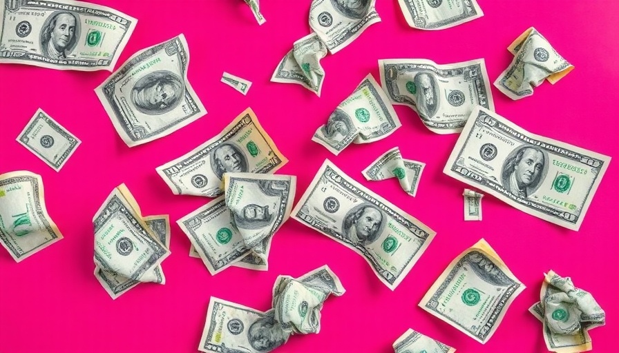 Crumpled dollar bills on pink surface symbolizing financial anarchy.