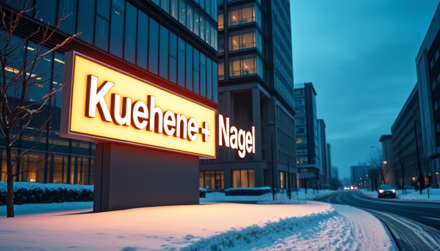 Illuminated Kuehne + Nagel sign in snowy urban environment.