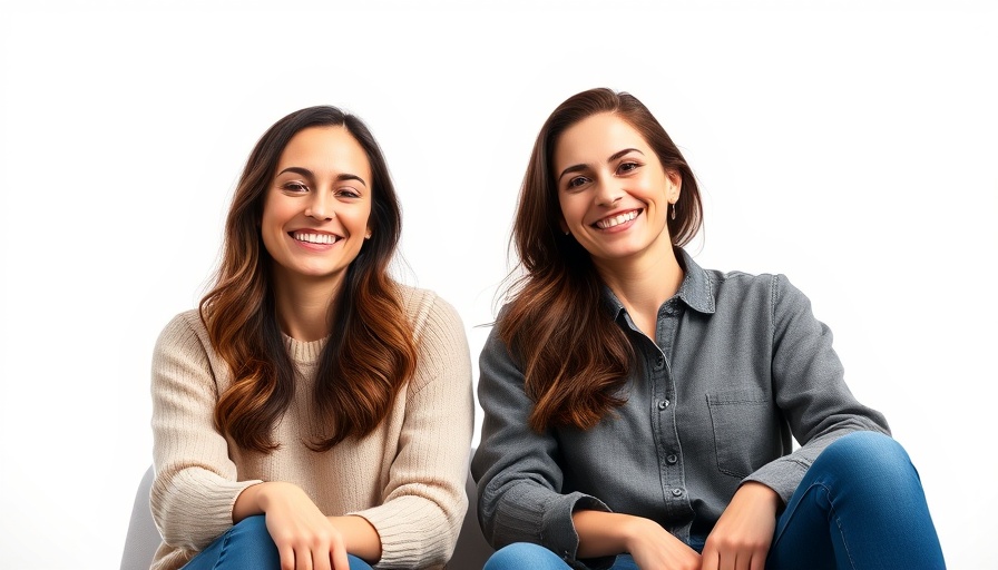 Two women smiling sitting casually in a real-time bill-splitting app promo.