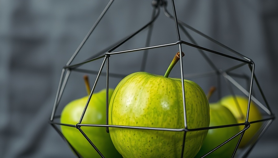 Green apples trapped in wire, symbolizing antitrust battles and innovative technology.