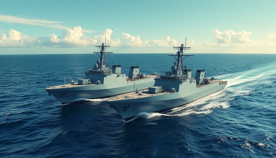 Two naval ships sailing in formation during Clemenceau 25 Indo-Pacific deployment.