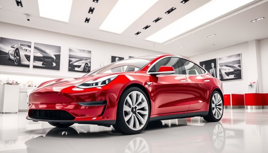 Tesla showroom in India featuring red and white cars, bright lighting.