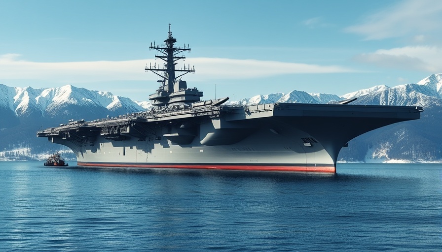 Aircraft carrier Admiral Kuznetsov docked near snowy mountains, daylight.