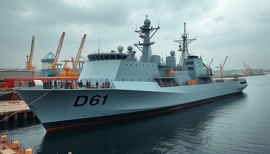 Indian naval ship D61 at dock during joint maritime drills.