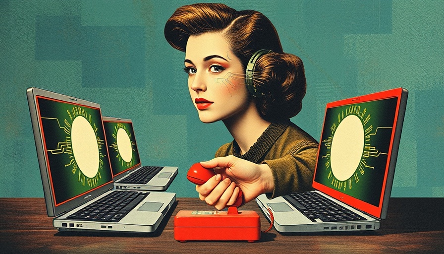 Surreal collage of laptops and vintage tech symbolizing AI agents protocols.