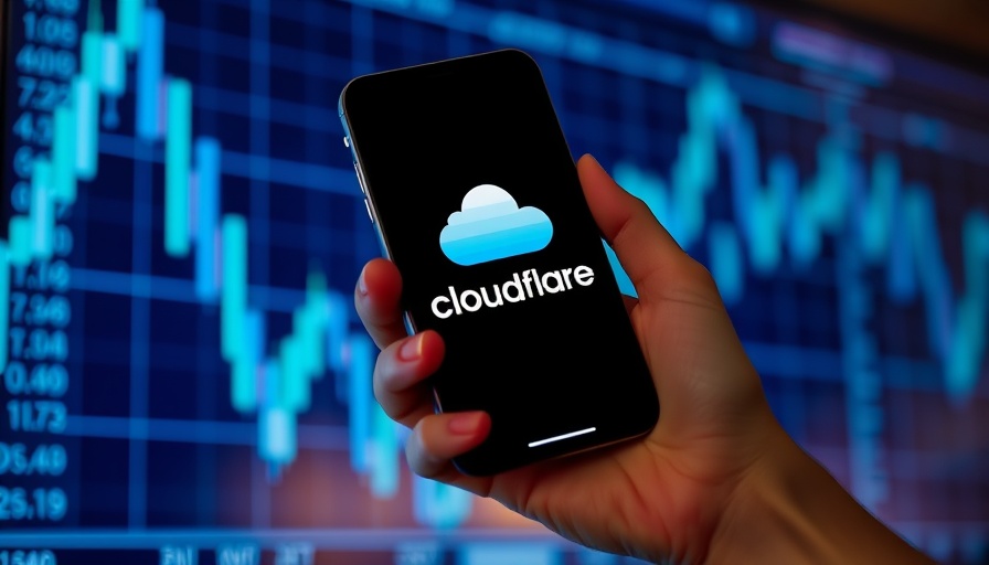 Smartphone with Cloudflare logo against blue financial chart background.