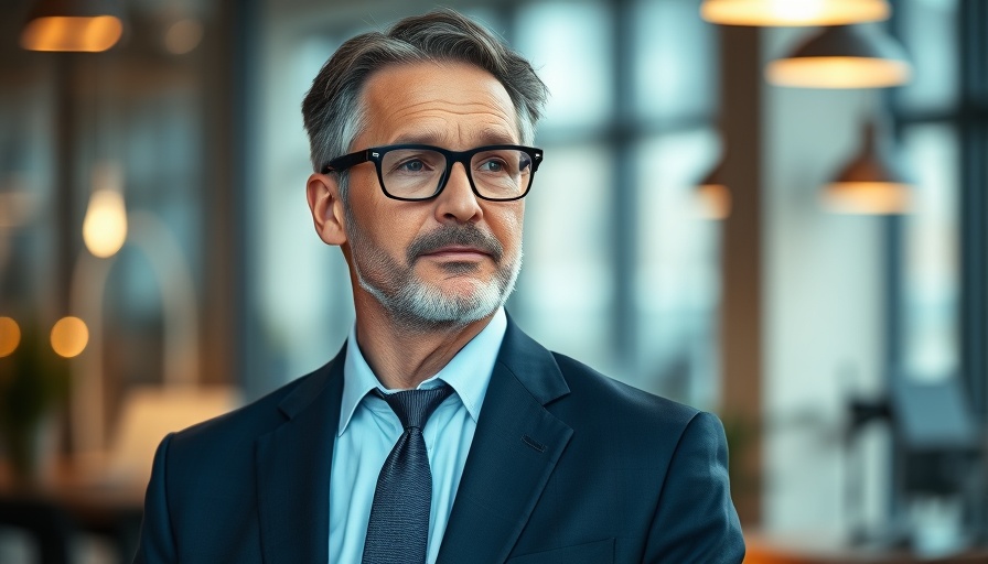 Mature man in suit in modern office promoting sustainable blue economy