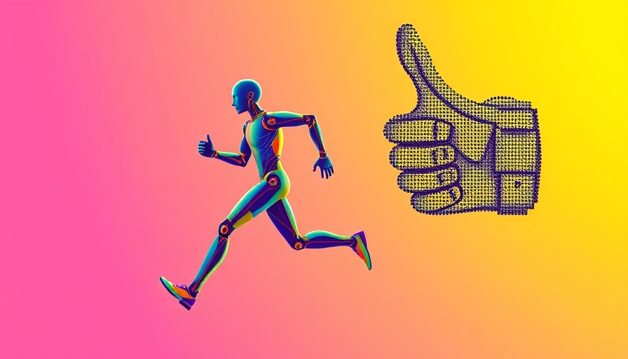 Abstract art of AI self-improvement with pixelated running figure.