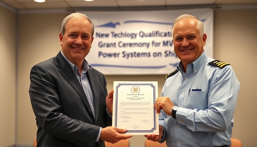 Electric Propulsion Solution Certified by ABS, two men holding a certificate at a ceremony.