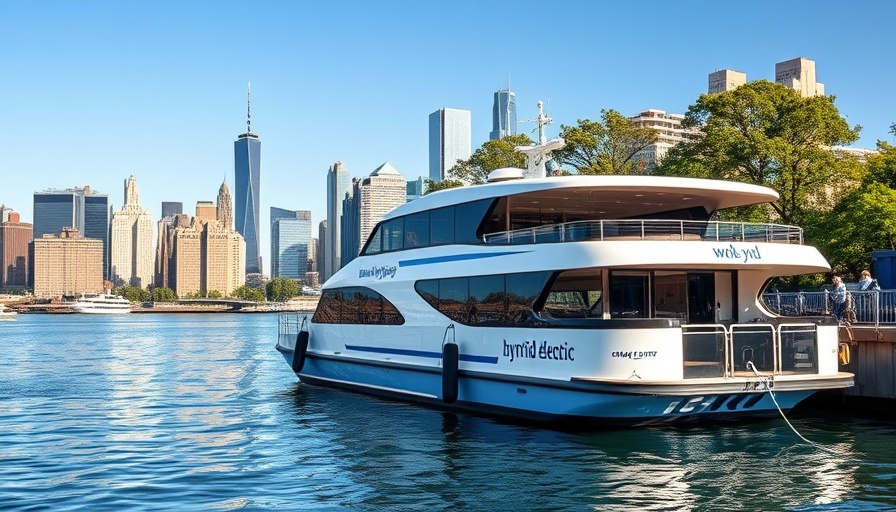 Hybrid-electric ferry New York at harbor with skyline.