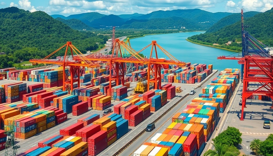Panama Canal tender view with bustling port, cranes, and containers.