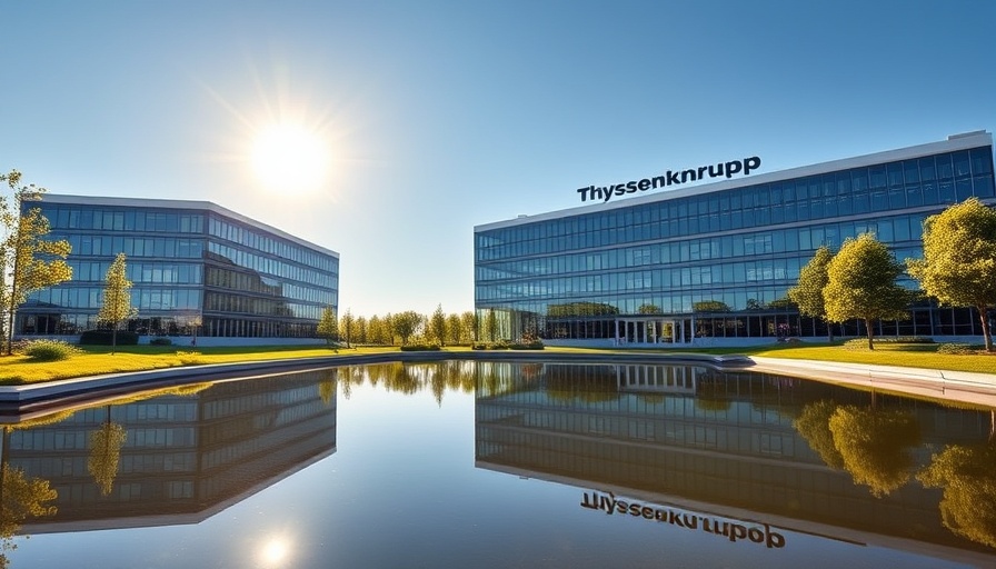 Thyssenkrupp headquarters with modern architecture and pond.