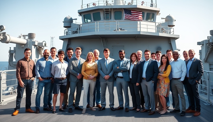 Group on deck of autonomous naval vessel during bright day.