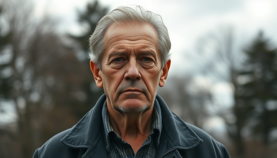Unidentified older man outdoors, serious expression, clean energy progress context.