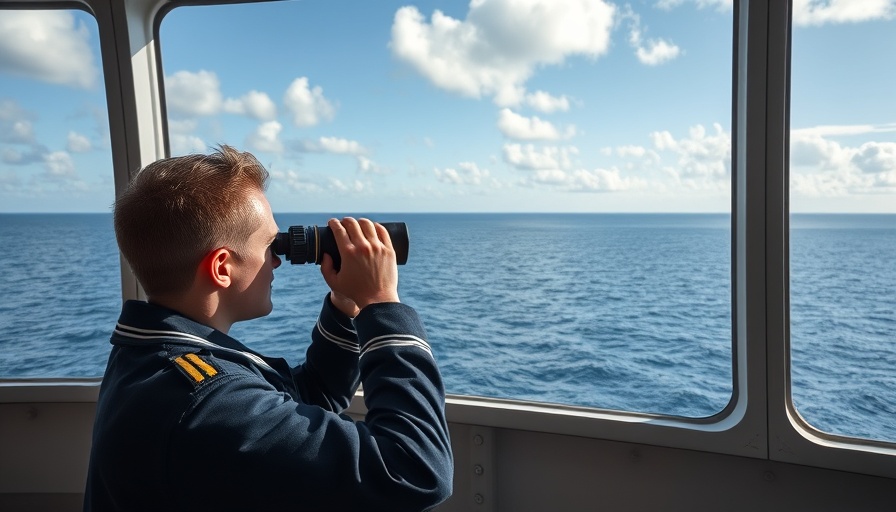 Naval officer observes sea with binoculars from China's new warship.
