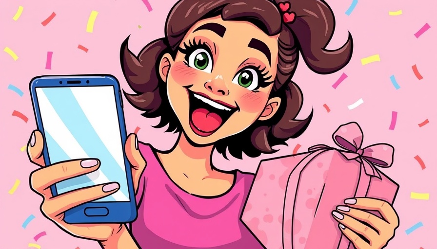 Cartoon woman receiving a gift from a smartphone, symbolizing Google loyalty offerings for retailers