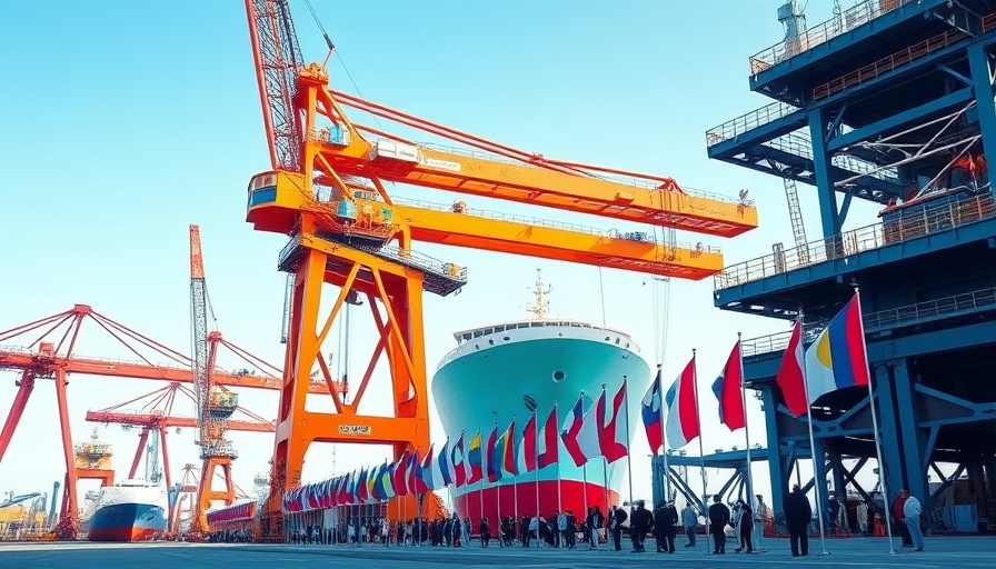 U.S. shipbuilding investments scene with crane and flags.