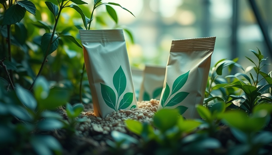 Innovative sustainable packaging 2025 amidst greenery, eco-friendly design.