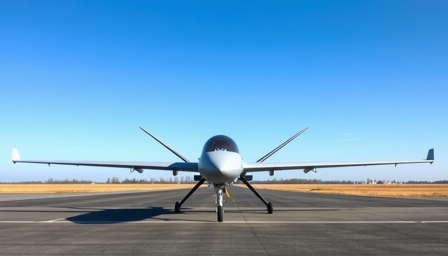 MQ-9B SeaGuardian drone on airstrip under clear sky.