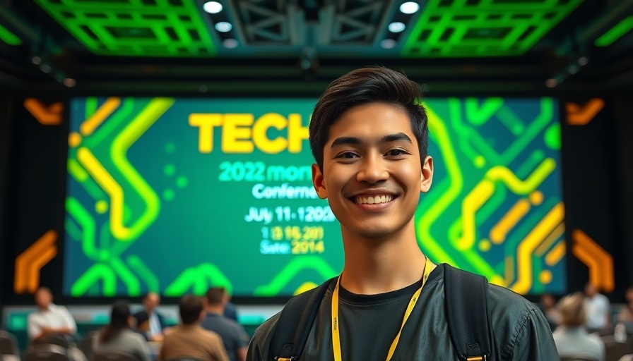 Smiling young person at tech conference with vibrant geometric backdrop.