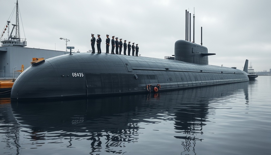 UK Navy submarine HMS Astute docked with navy personnel.