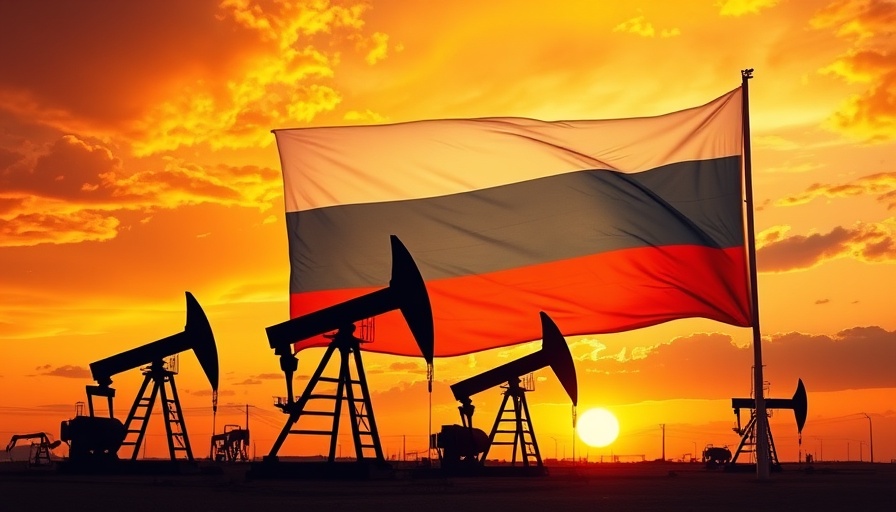 Dramatic oil pump jacks with Russian flag at sunset symbolizing end Russian oil imports by 2026.