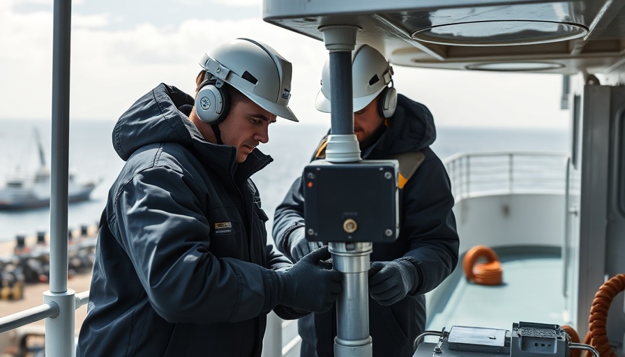 Technicians install maritime equipment on ship for NexusWave connectivity.