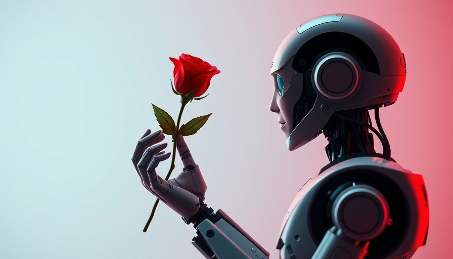 AI dating assistant concept with human and robot exchanging a rose.