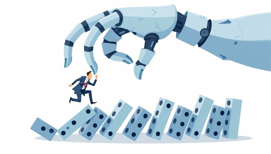 AI and business illustration, large robotic hand tipping dominoes with a businessperson.