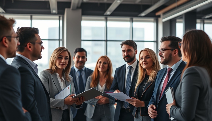 Business professionals discuss service policies in a modern office.