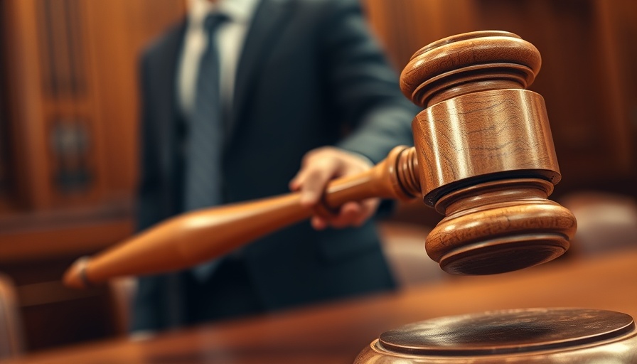Judge's gavel striking in courtroom, detailed wood grain, law symbol.