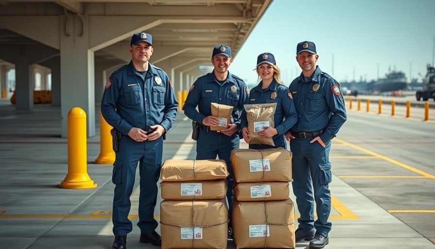 Coast Guard officers display drug seizure in port parking.