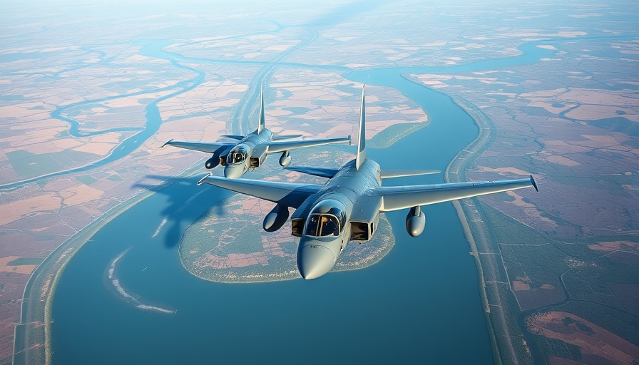 In-flight refueling of military aircrafts over a river landscape.