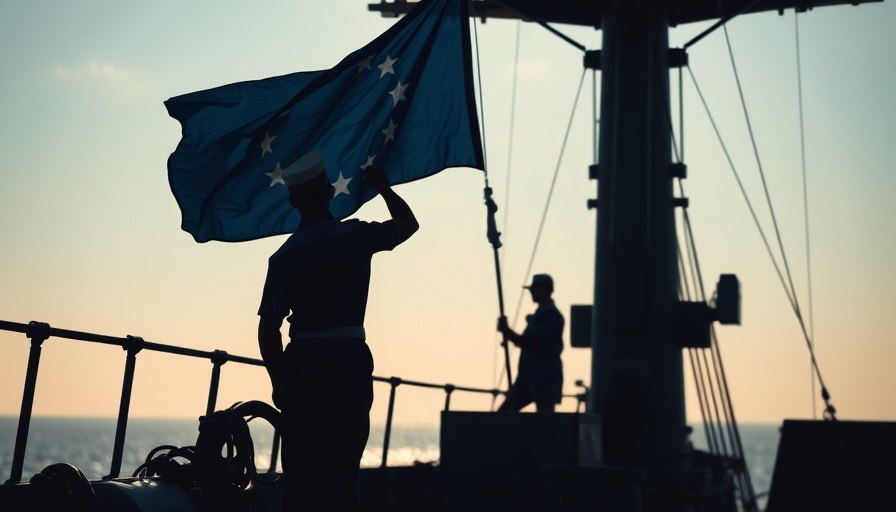 Navy officer raising blue flag on ship deck.