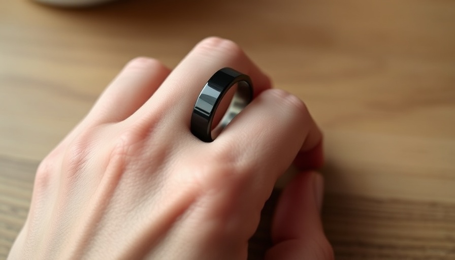 Hand holding a sleek black smart ring on a wooden table; Oura IPO data privacy concept.