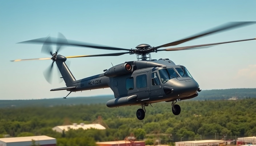CH-53K heavy lift helicopter flying over industrial site.