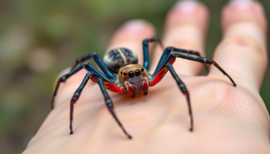 Half male-half female spider resting on a hand with distinct colors.