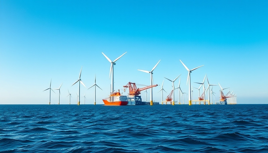Offshore wind farm assembly with cranes in calm sea under blue sky.