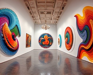 innovative AI creativity, thoughtful expression, generating digital art, photorealistic, studio with abstract installations, highly detailed, swirling colors, 8K resolution, vibrant spectrum, diffused soft lighting, shot with a fisheye lens.