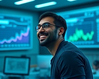 cutting-edge AI breakthroughs, delighted expression, discovering solutions, photorealistic, high-tech conference room with interactive boards, highly detailed, pulsing graphs, 8K resolution, futuristic teal, ambient LED lighting, shot with a 50mm prime lens.