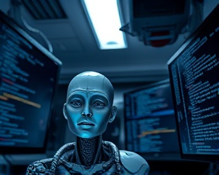 pioneering AI development, focused expression, coding algorithms, photorealistic, tech workspace with multiple monitors, highly detailed, flickering lines of code, 8K resolution, cool monochrome, overhead fluorescent lighting, shot with a 35mm prime lens.