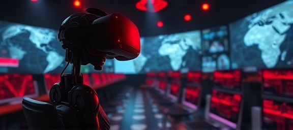 revolutionary AI advancements, intrigued expression, simulating environments, photorealistic, control center with virtual reality setups, highly detailed, spinning globe projections, 8K resolution, sleek black and red, directional spotlighting, shot with a wide-angle lens.