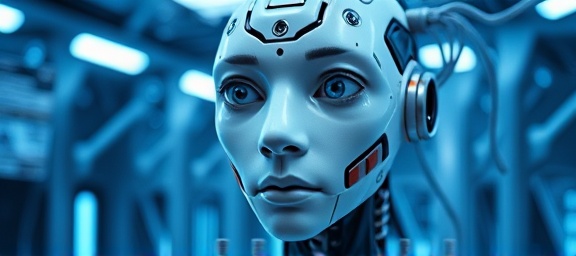 state-of-the-art AI technology, curious expression, interfacing with neural networks, photorealistic, futuristic lab with bio-mimetic elements, highly detailed, flowing data streams, 8K resolution, ice blue and chrome, low-key lighting, shot with a telephoto lens.