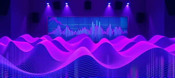 dynamic AI creativity, inspired expression, remixing soundscapes, photorealistic, sound studio with wave pattern displays, highly detailed, vibrating sound waves, 8K resolution, deep sonic purple, gradient lighting, shot with a 24mm wide-angle lens.
